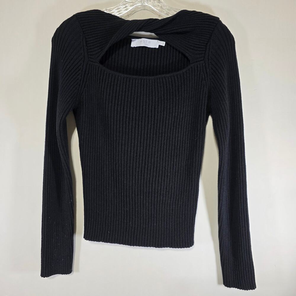 ASTR The Label Womens Black Ribbed Twisted Cutout Knit Fitted Top Sweater Large